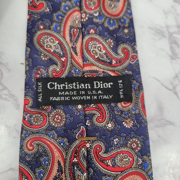 Dior Blue and Red Silk Tie with Paisley Design - Picture 6 of 8